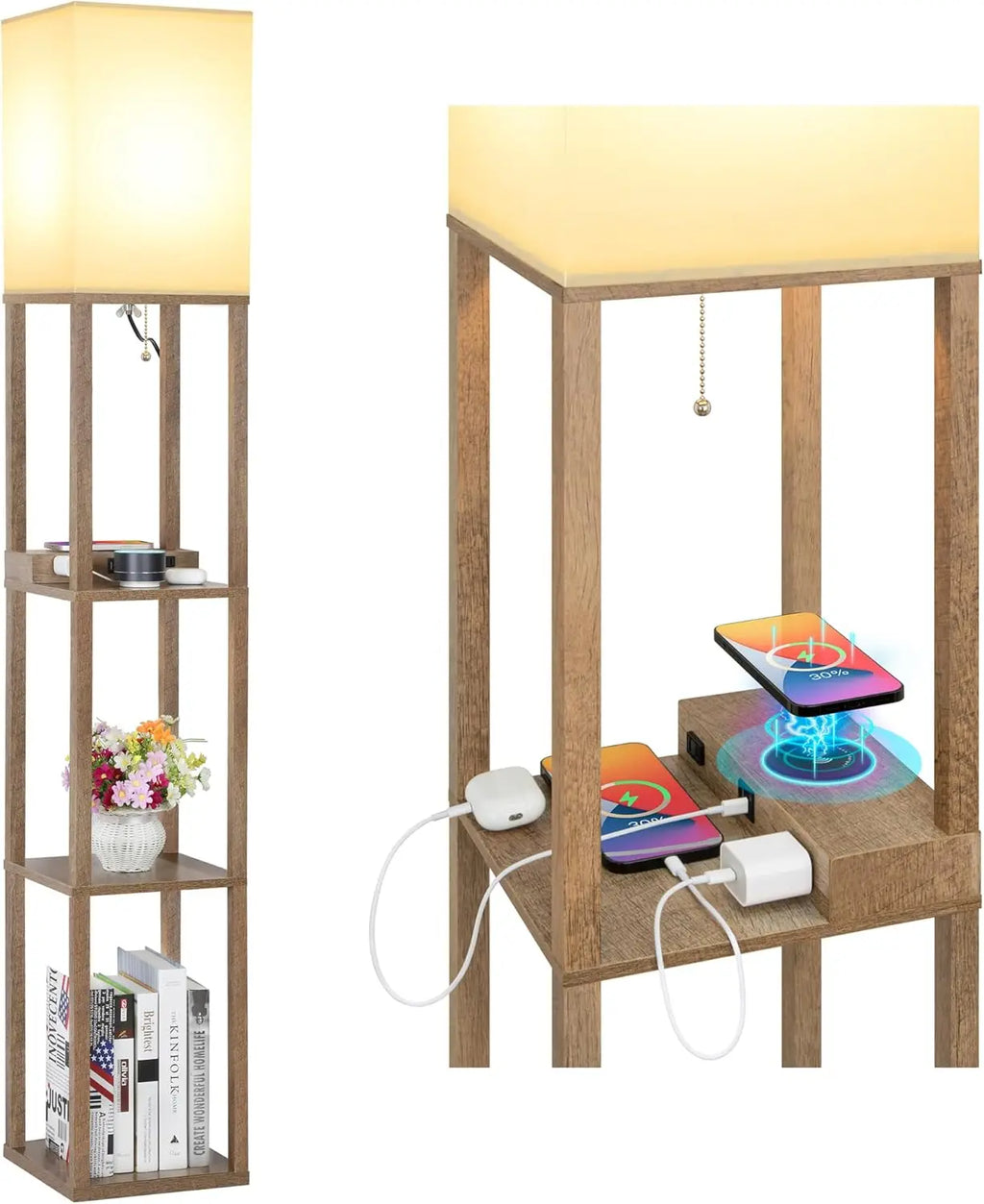 Modern 3-Tier Shelf Floor Lamp with Wireless Charging, USB Ports & Power Outlets for Bedroom