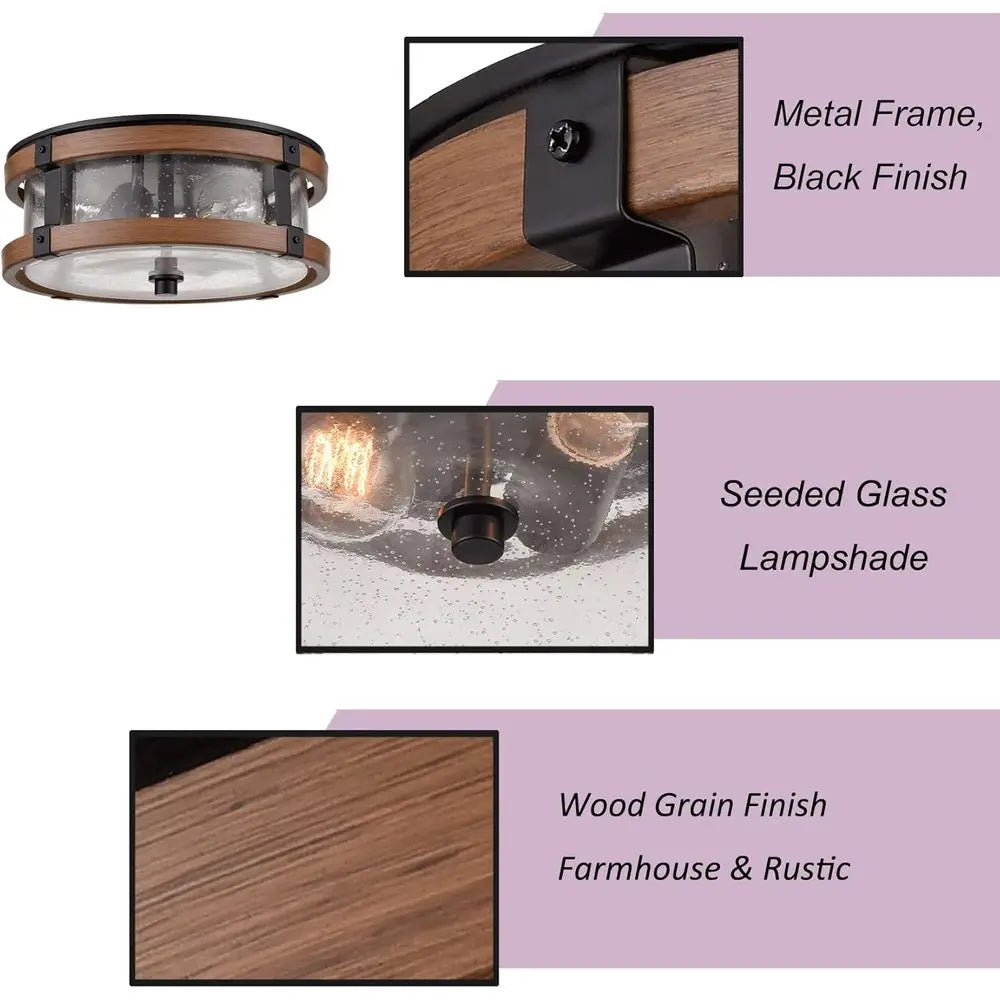 2-Light Hallway Ceiling Light in Black & Rustic Wood Grain Finish with Clear Seeded Glass Shade