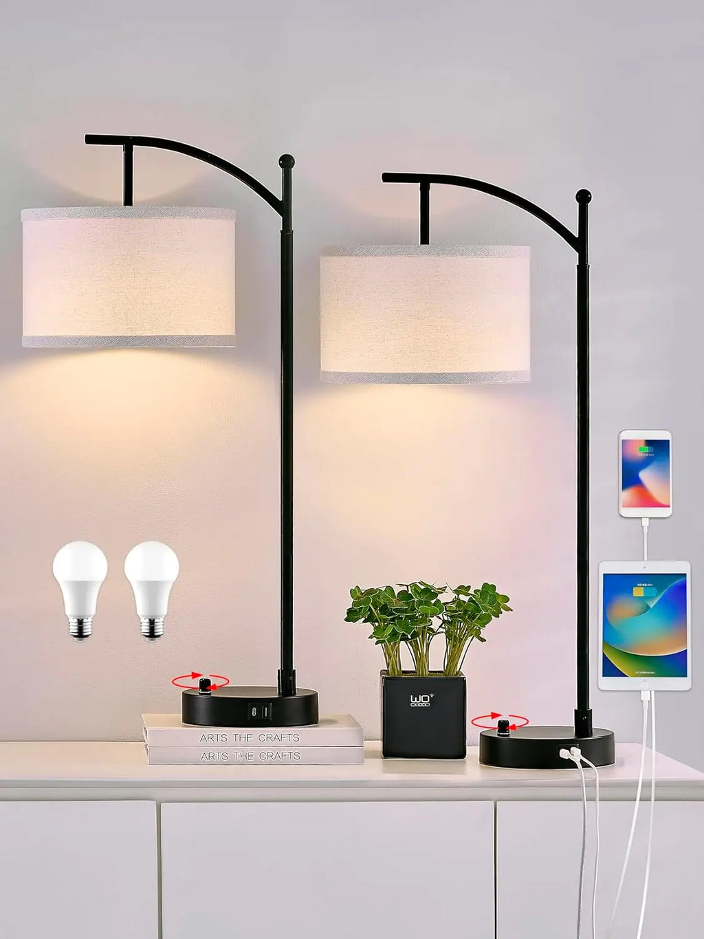 Modern Table Lamp Set of 2 with USB C+A Ports, Dimmable LED Bulbs, Linen Shade for Living Room Bedroom