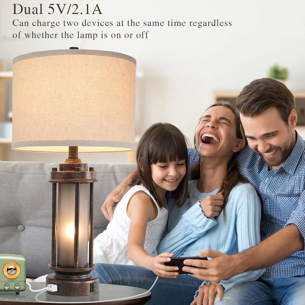 Set of 2 Rustic Farmhouse Lamps with USB Ports and Night Light for Living Room or Bedroom, Includes 4 Bulbs