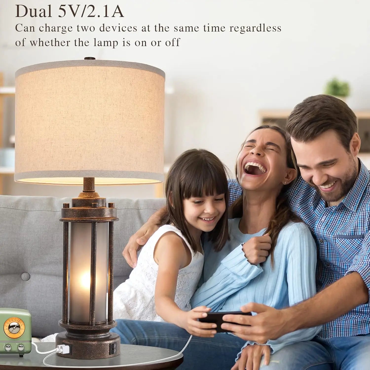 Set of 2 Rustic Farmhouse Lamps with USB Ports and Night Light for Living Room or Bedroom, Includes 4 Bulbs