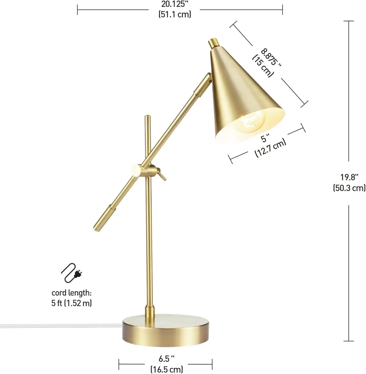 Adjustable Brass Desk Lamp with Modern Cone Shade, E26 Base for Bedroom or Office Lighting
