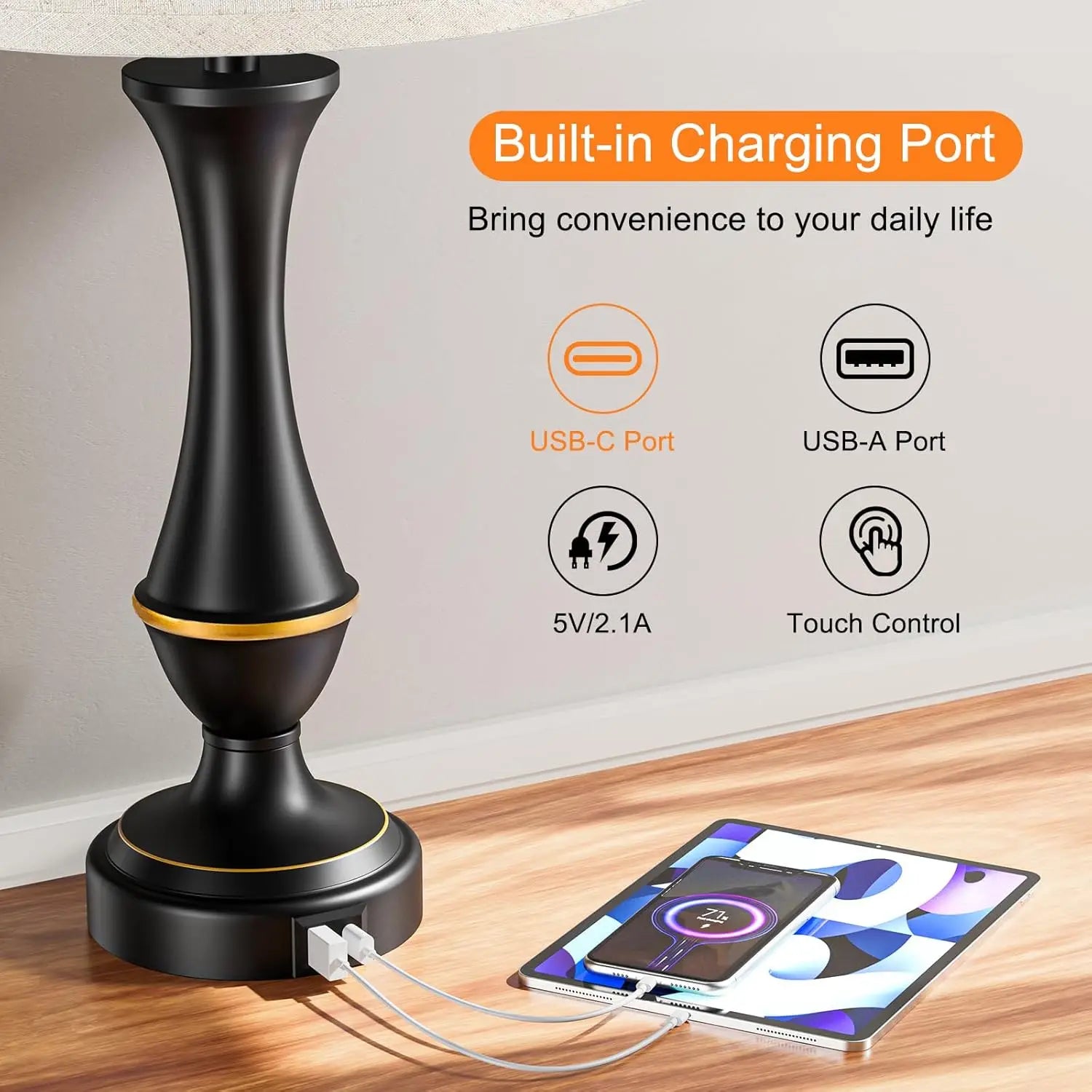Touch Control Dimmable Bedside Lamps Set of 2 with USB C+A Ports, LED Bulbs Included for Bedroom Living Room