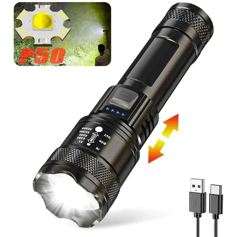 High Strong Power Led Flashlights 2000LM Tactical USB Charging Camping Emergency Fishing Zoom Lantern Torch with Display Light