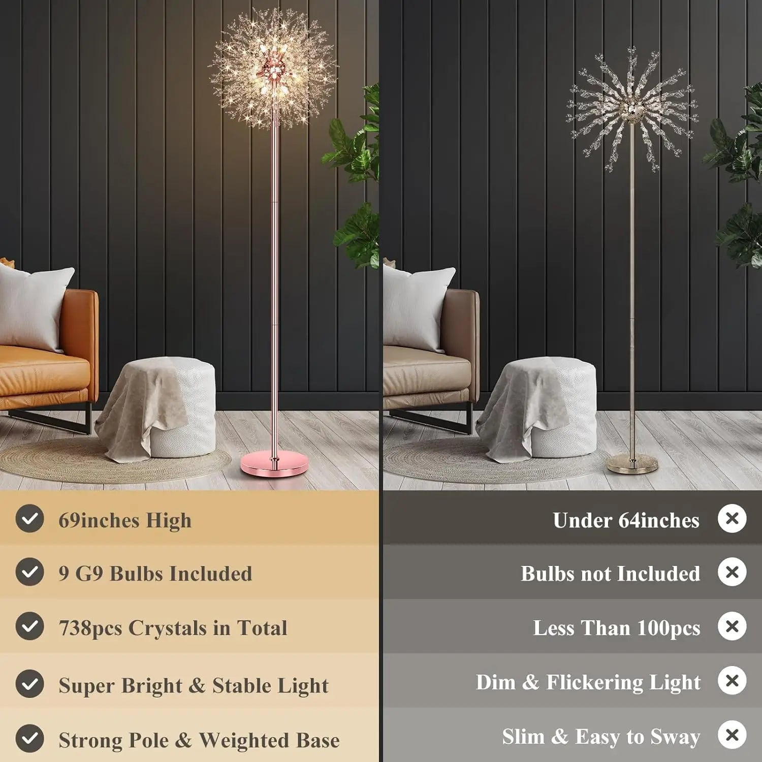 69'' Crystal Floor Lamp with 738 K9 Crystals, Modern Standing Light for Living Room, Rose Gold Finish, 9 LED Bulbs