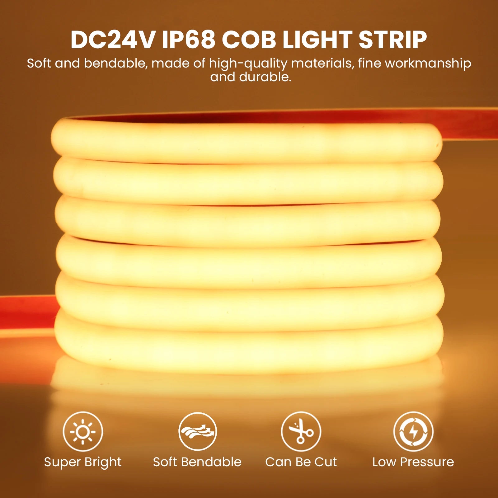 IP68 COB Solar Neon LED Light Strip 5M 24V 320LEDs/M Self-Adhesive Tape Diode Dimmable Rope Cold Natural Warm White Backlight