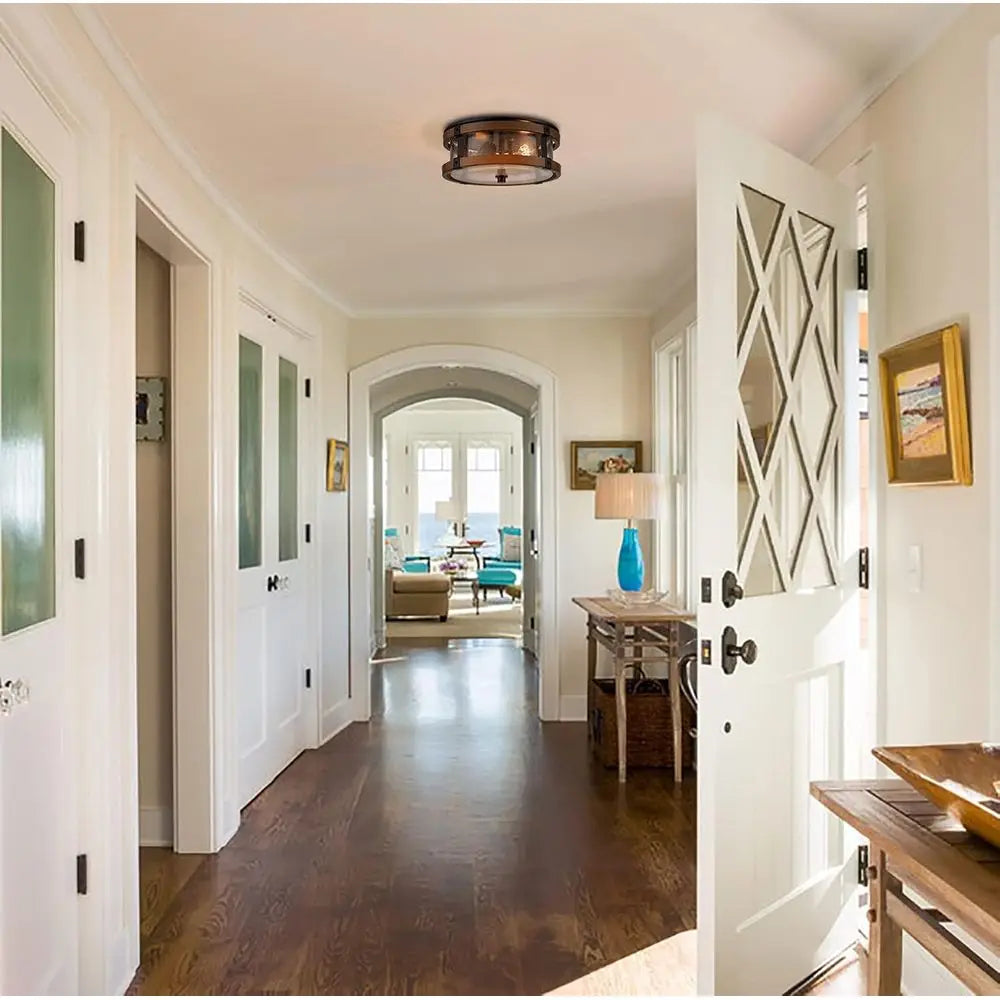 2-Light Hallway Ceiling Light in Black & Rustic Wood Grain Finish with Clear Seeded Glass Shade