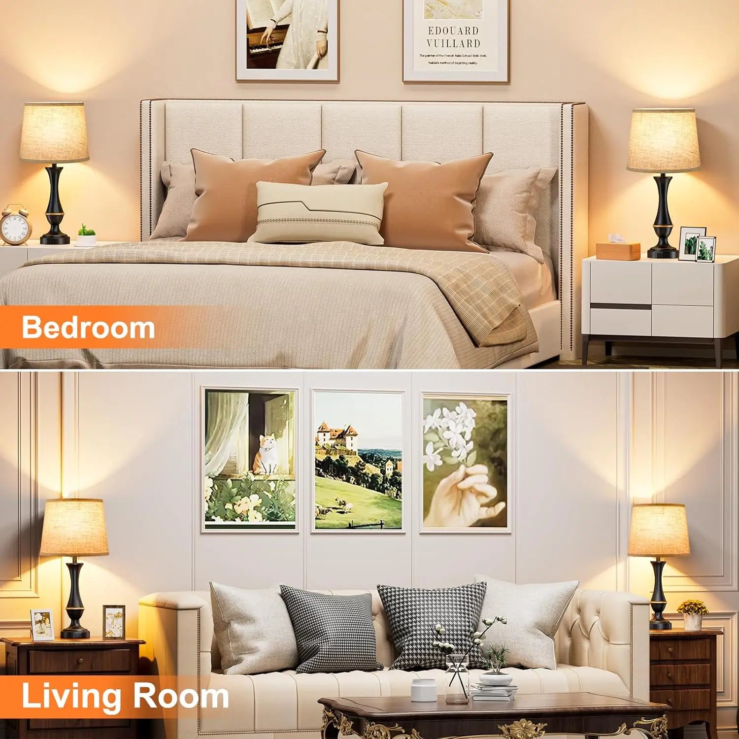 Touch Control Dimmable Bedside Lamps Set of 2 with USB C+A Ports, LED Bulbs Included for Bedroom Living Room