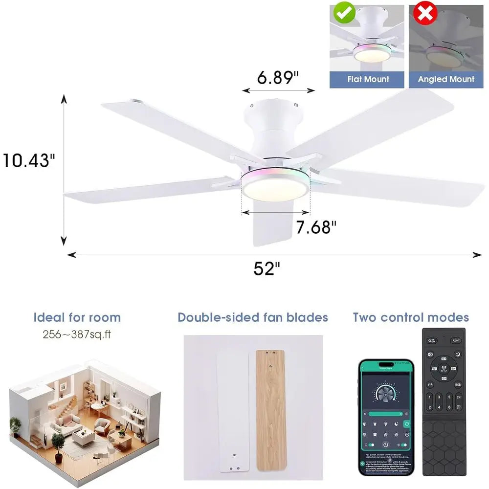 52 White Lush Mount Ceiling Fan with Quiet Reversible DC Motor, Dimmable LED Light with 3 Colors & 6 Speeds