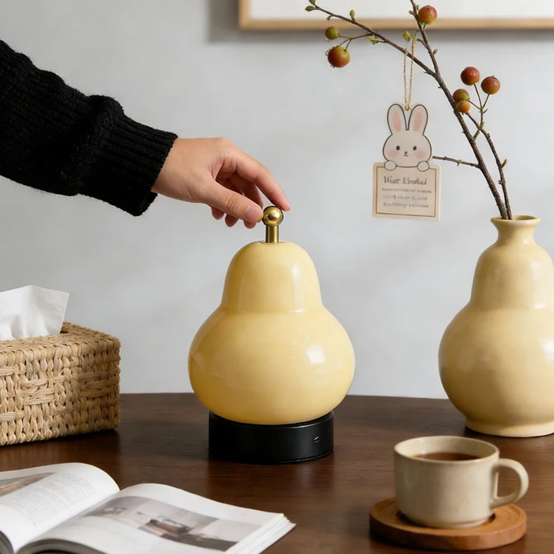 Murano Glass Cream Style Mid-Century Gourd Pear Table Lamp Bedroom Bedside Study Portable Ambient Decor Lamp