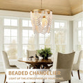 Boho Wood Beaded Chandelier with 5 Lights in Gold and Oak Finish for Dining, Living, Bedroom