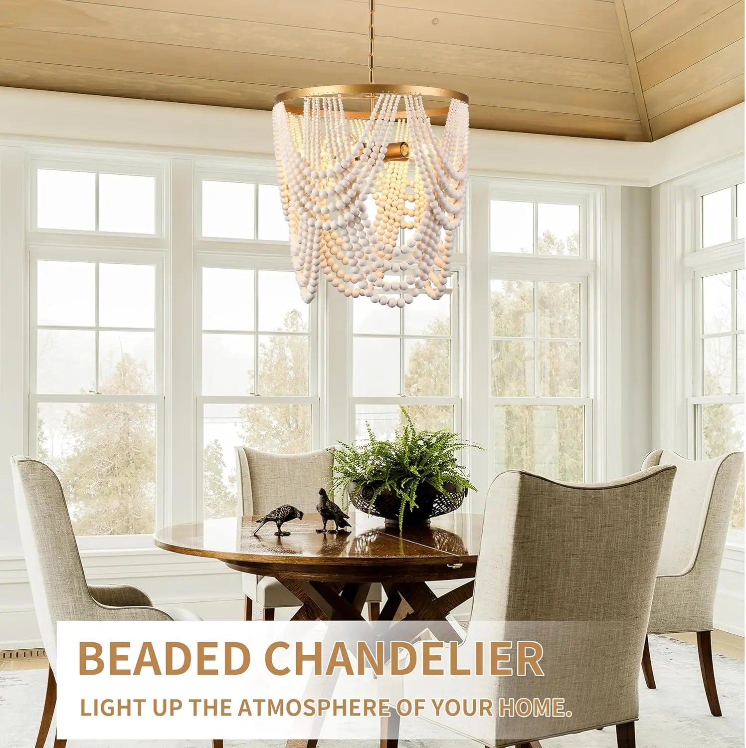 Boho Wood Beaded Chandelier with 5 Lights in Gold and Oak Finish for Dining, Living, Bedroom