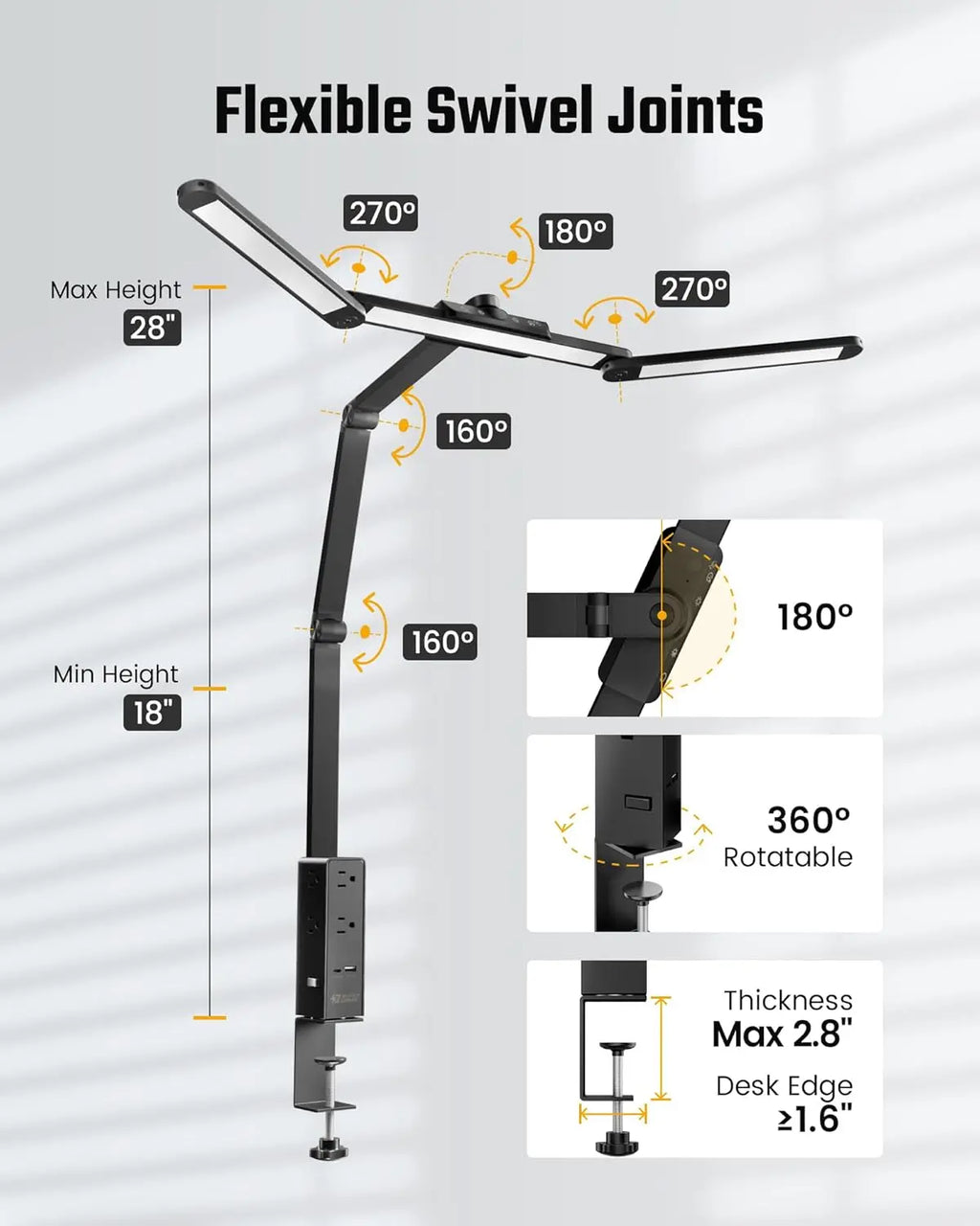 LED Desk Lamp with Power Strip, 6 Outlets & USB Ports, Adjustable Clamp Light with Dimming & Color Control