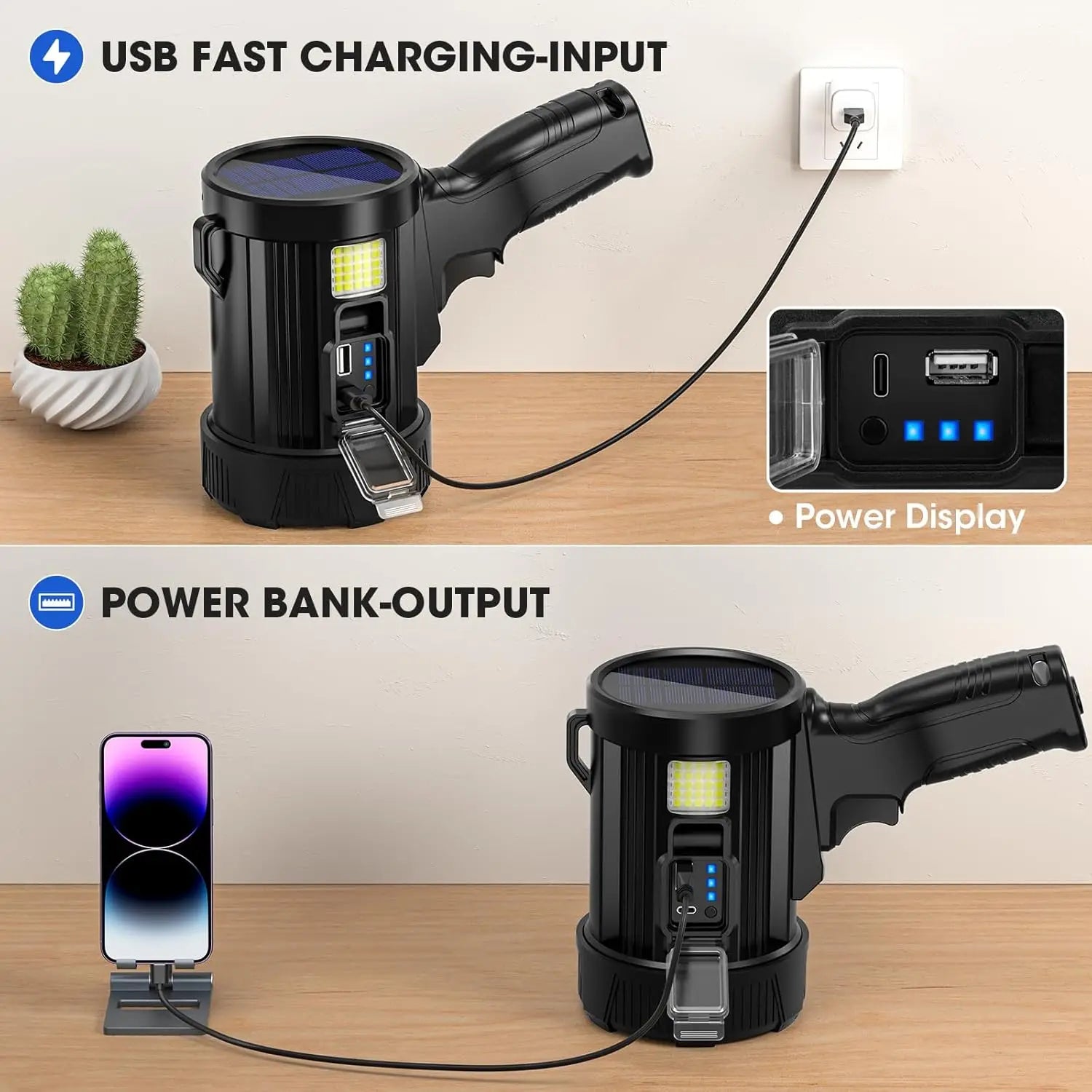 Rechargeable Spotlight, 99K Lumens Super Bright LED Flashlight with Solar Panel for Outdoor Camping Boating