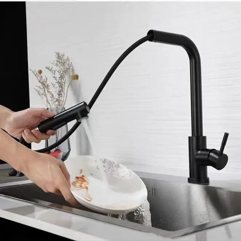 Black Pull Out Kitchen Sink Faucet Two Model Stream Sprayer Nozzle Stainless Steel Hot Cold Wate Mixer Tap Deck