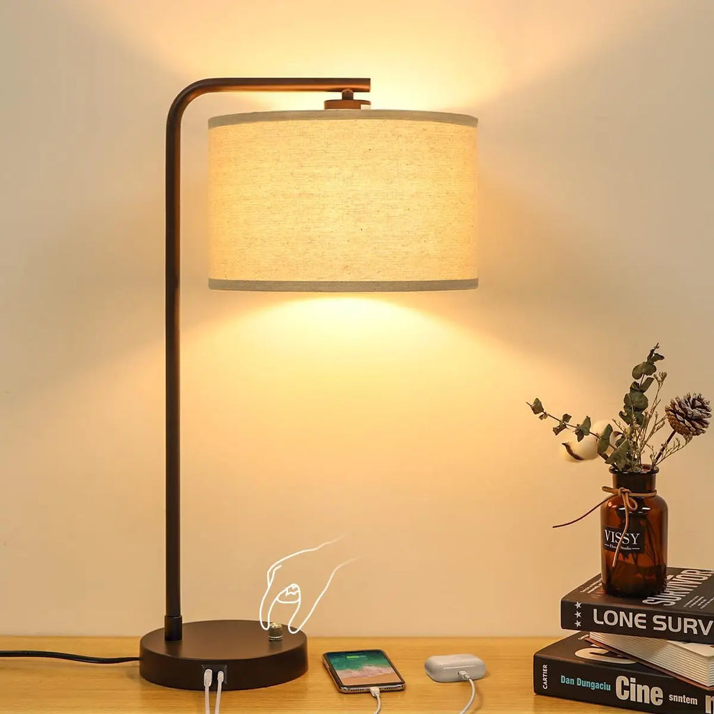 Modern USB Table Lamp with Dimmable LED, Dual Charging Ports for Bedroom and Office
