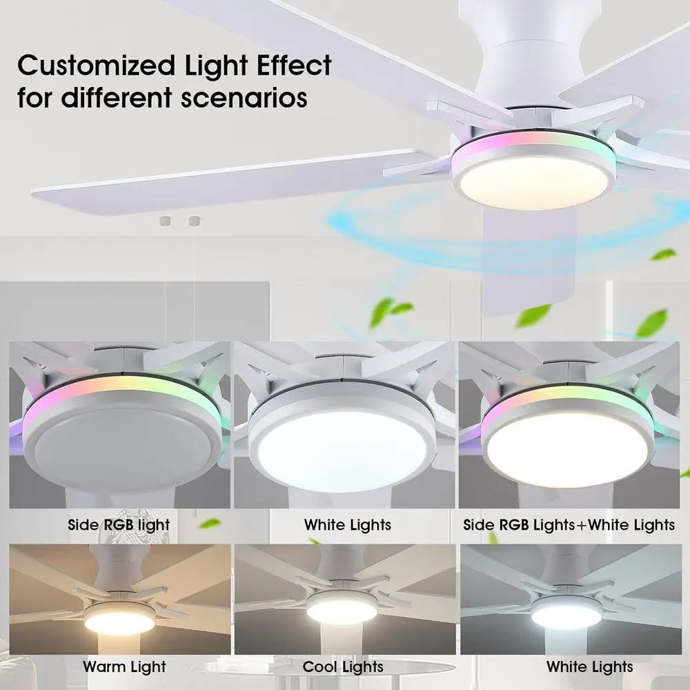 52 White Lush Mount Ceiling Fan with Quiet Reversible DC Motor, Dimmable LED Light with 3 Colors & 6 Speeds