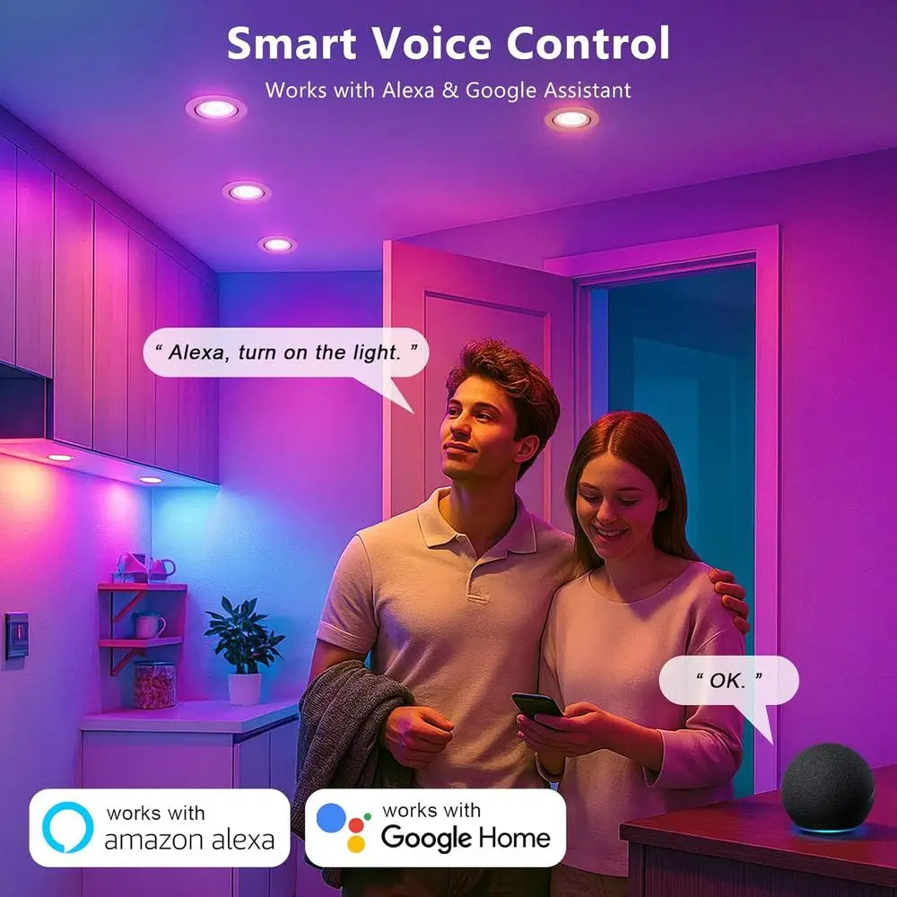 2 Inch Smart LED Recessed Lighting, 5W Dimmable RGB & CCT 2700-6500K, 110V Compatible with Alexa and Home, with LED Driver