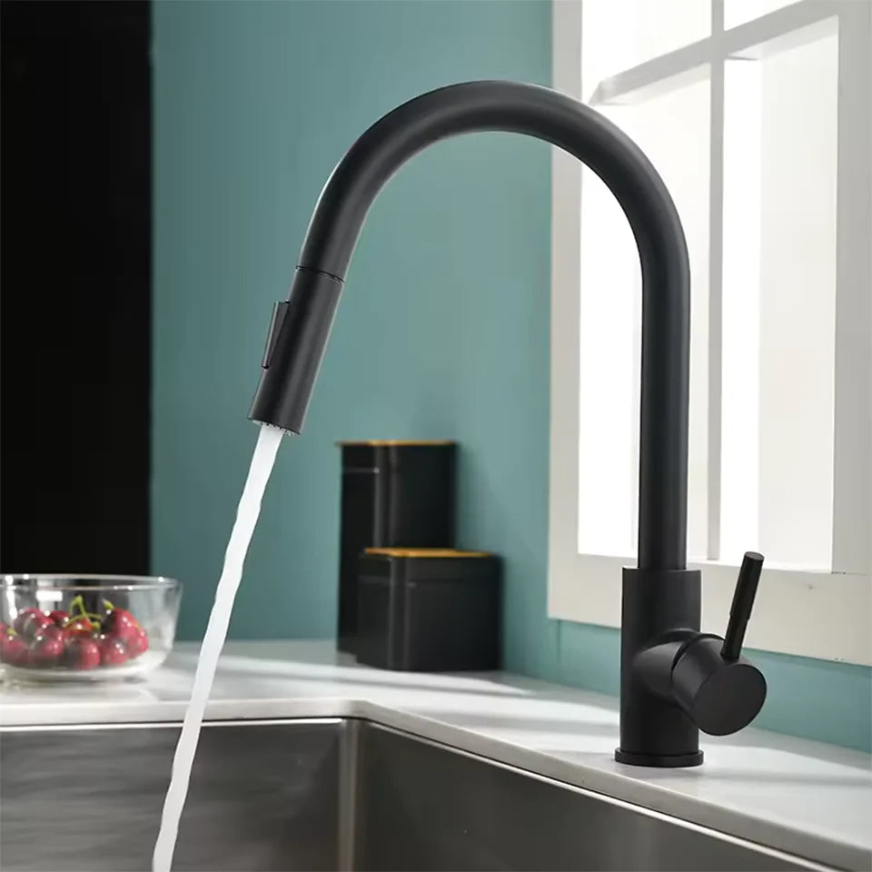Free Shipping Black Pull Out Kitchen Sink Faucet Two Model Stream Sprayer Nozzle Stainless Steel Hot Cold Wate Mixer Tap Deck