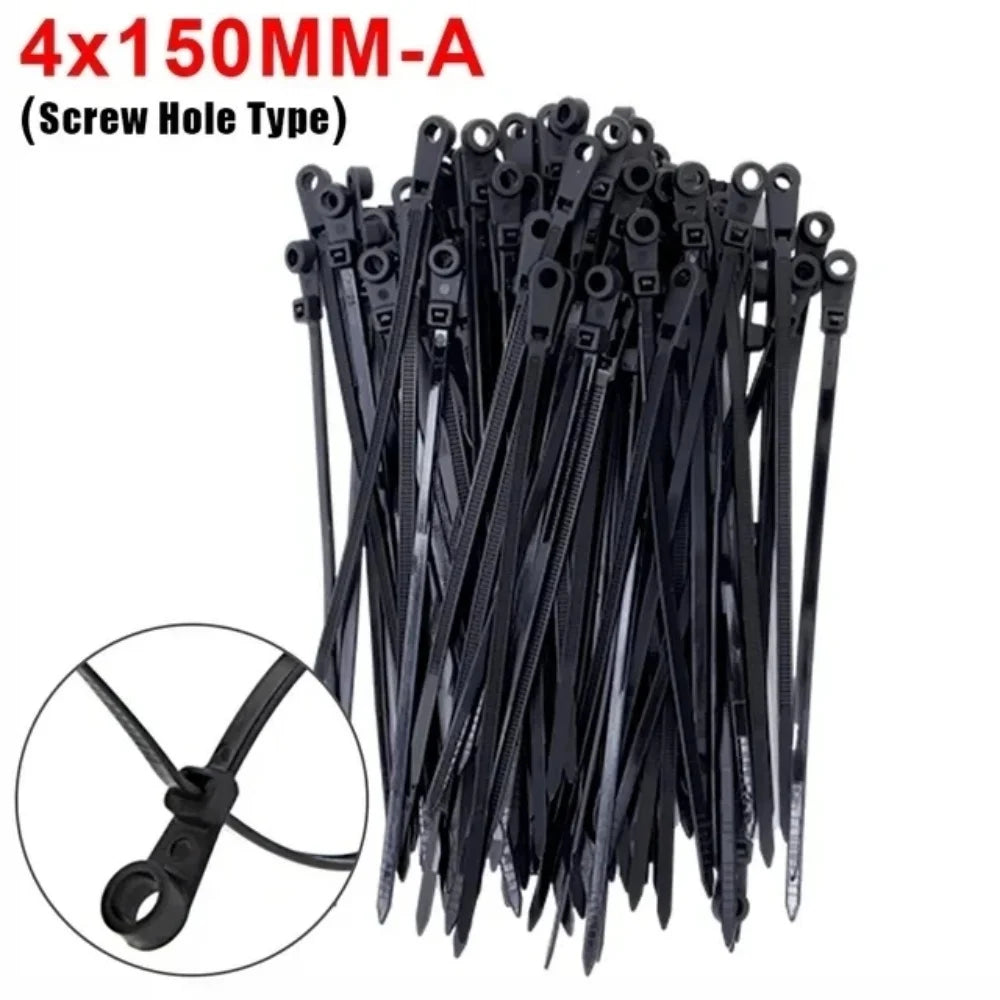 100PCS Screw Hole Nylon Cable Ties Multipurpose Duty Adjustable Self-locking Cord Ties Organizer Straps Fastening Loop