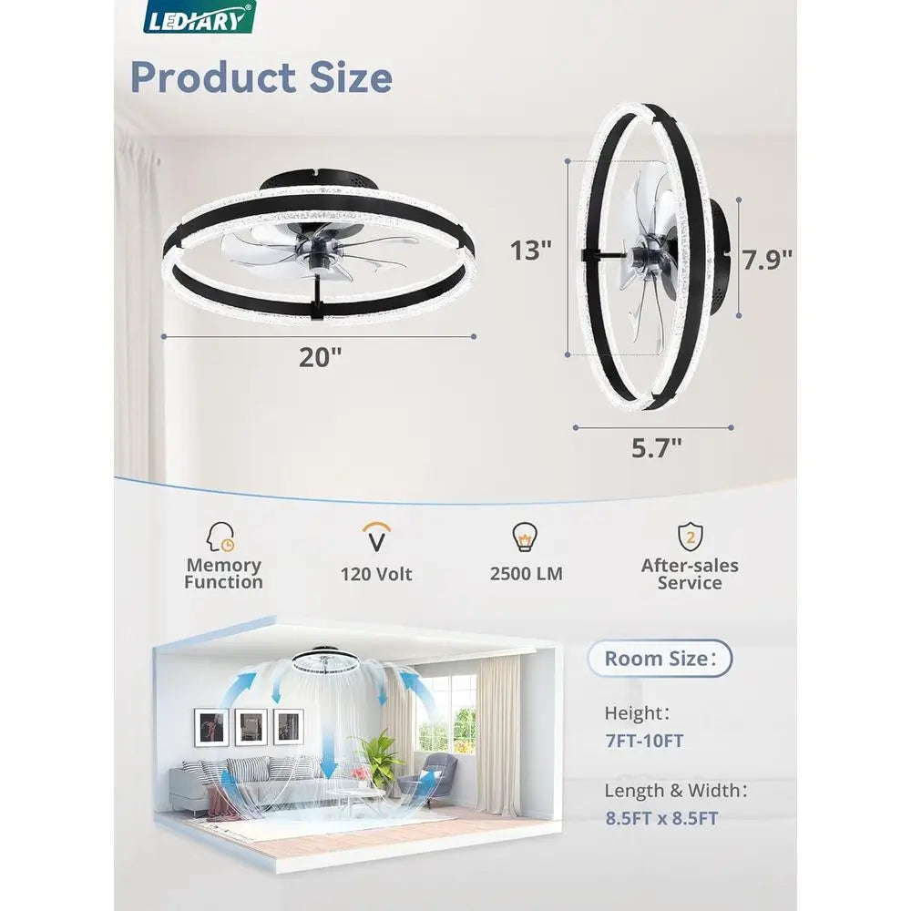 20'' Low Profile Ceiling Fan with Light, 3000-6000K Dimmable, 6 Wind Speeds - Black