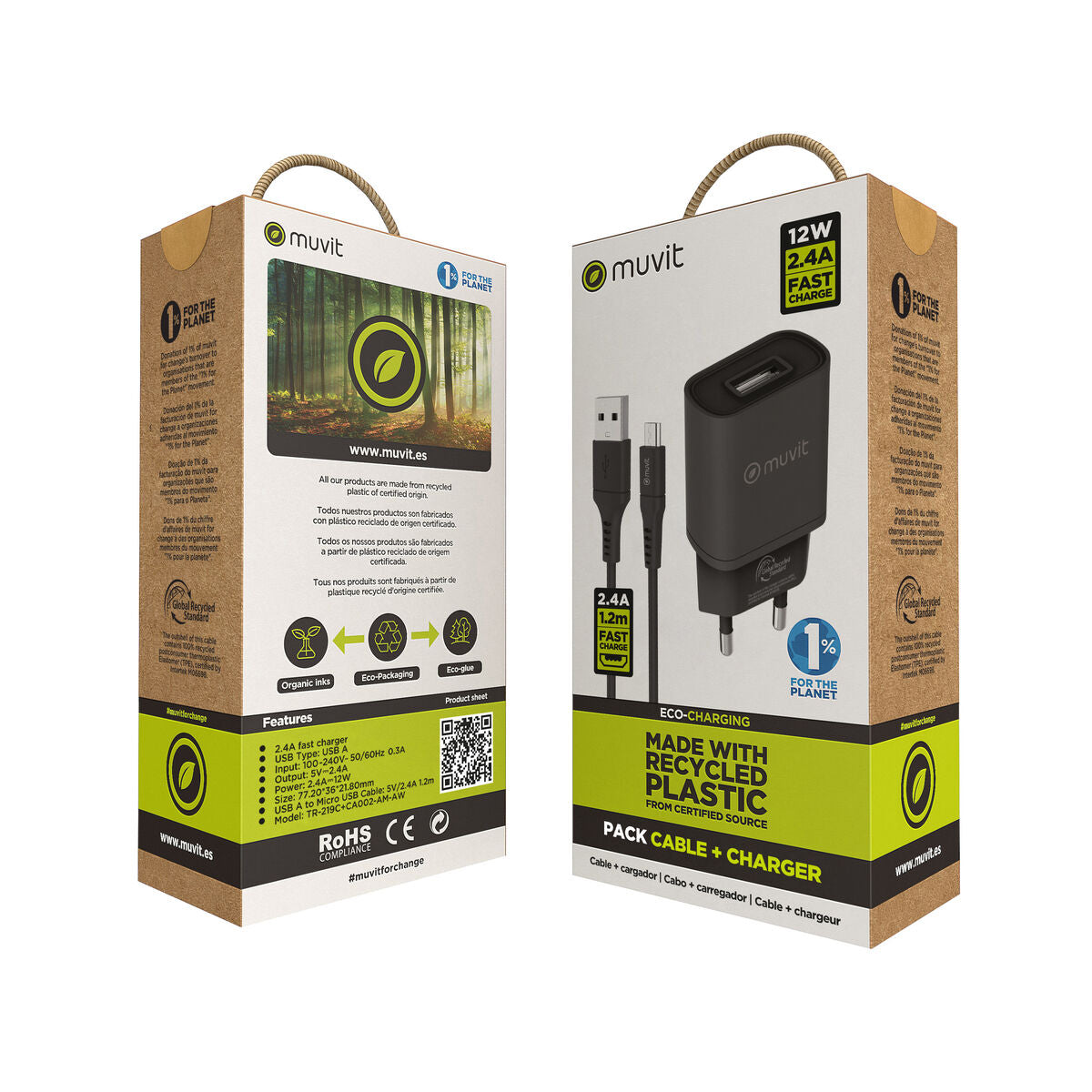 Wall Charger Muvit for Change Black 12 W (2 Units)