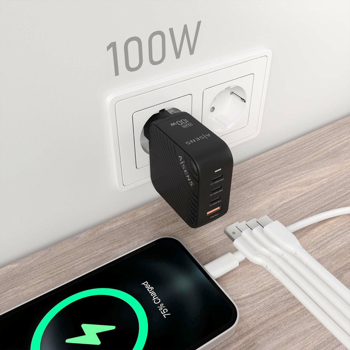 Wall Charger Aisens ASCH-100W4P029-BK Black Multicolour 100 W