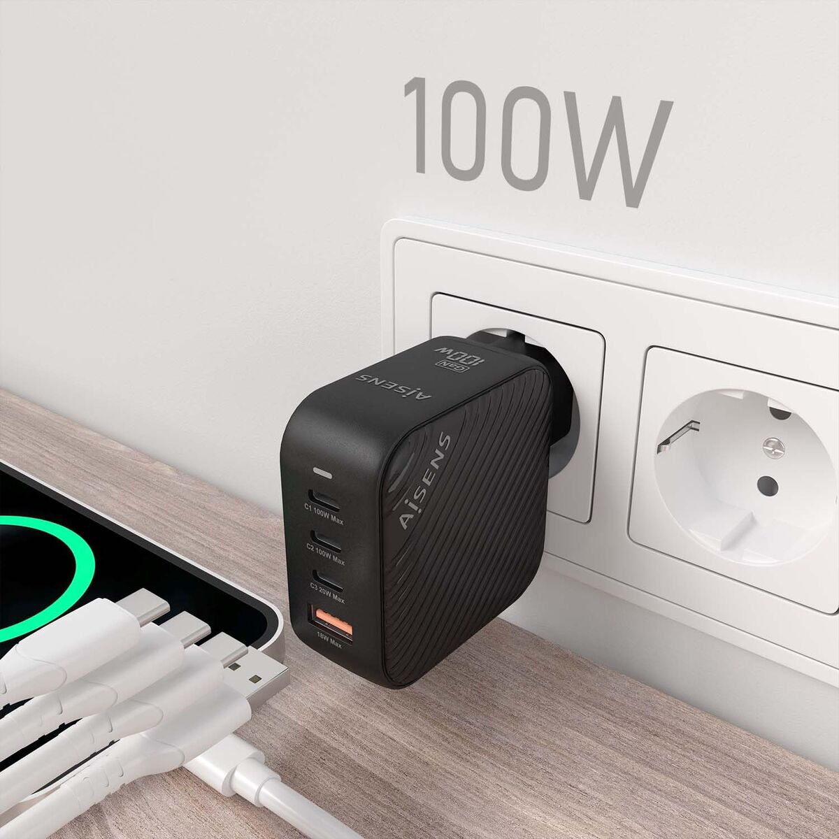 Wall Charger Aisens ASCH-100W4P029-BK Black Multicolour 100 W