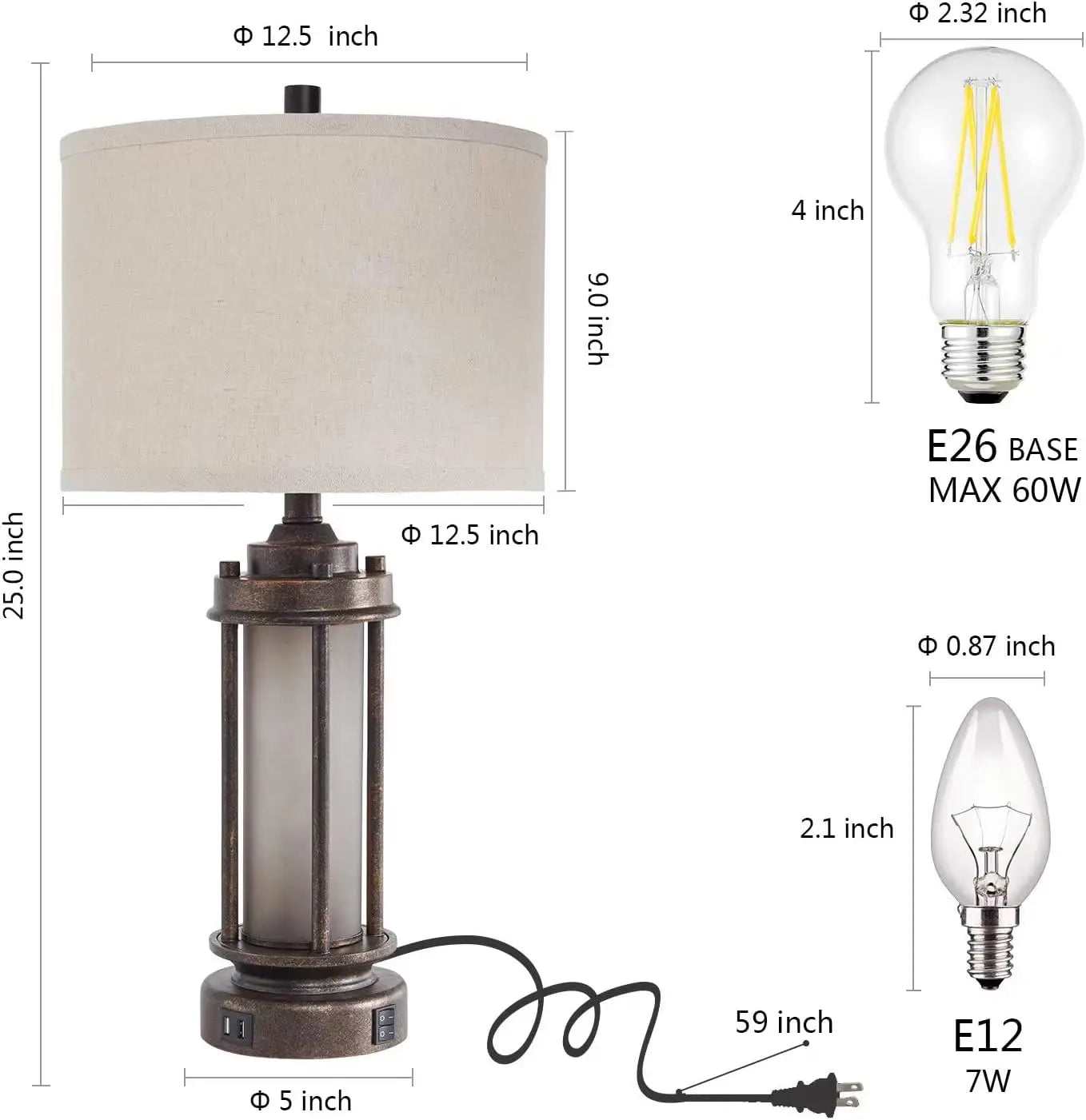 Set of 2 Rustic Farmhouse Lamps with USB Ports and Night Light for Living Room or Bedroom, Includes 4 Bulbs