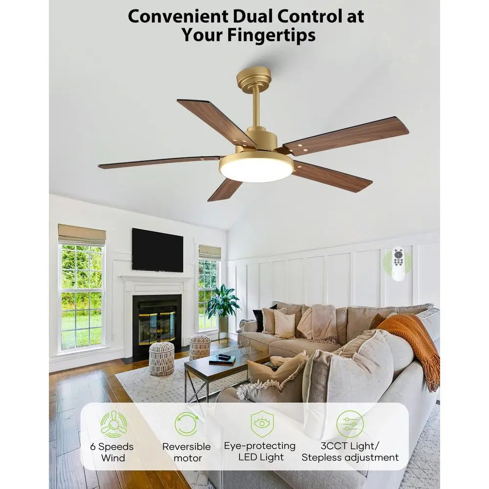 52 Inch Gold Ceiling Fan with Lights and Remote/APP, Sleek Black and Gold Ceiling Fan, ETL Listed, Indoor Outdoor Smart Ceiling