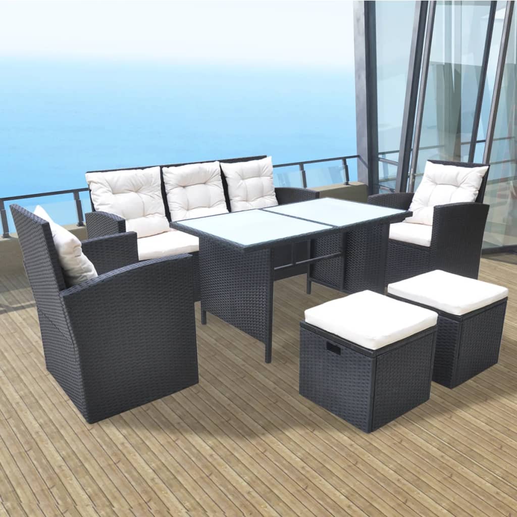 NNEVL 6 Piece Outdoor Dining Set with Cushions Poly Rattan Black