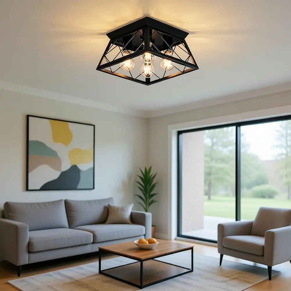 4-Lights Black Industrial Ceiling Fixture for Dining Room, Kitchen, Living Room, Hallway, Entry, Laundry - E26 Base (No Bulb)
