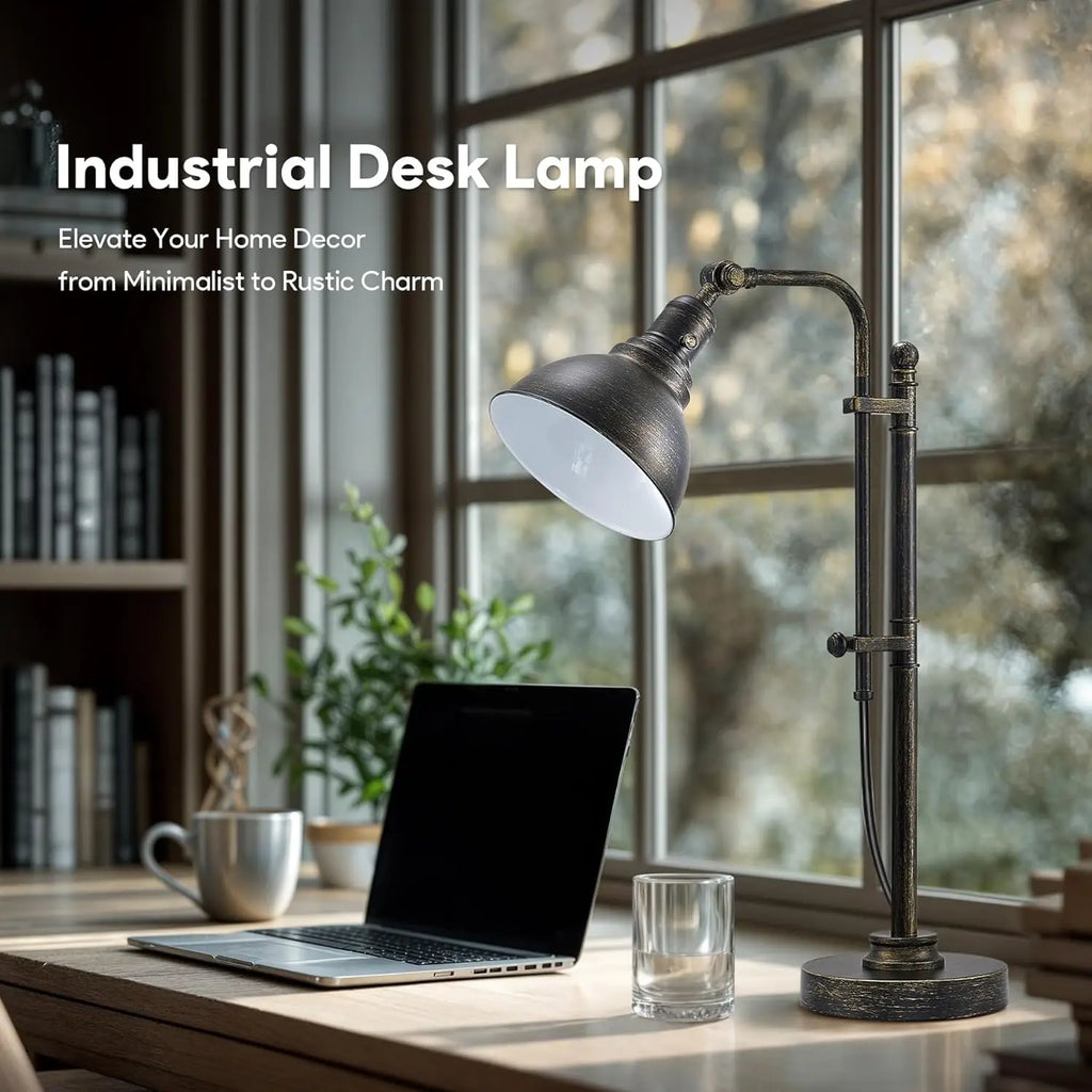 Adjustable Industrial Desk Lamp in Aged Bronze Finish, 25-29 Inch Height, ETL Certified Vintage Task Light