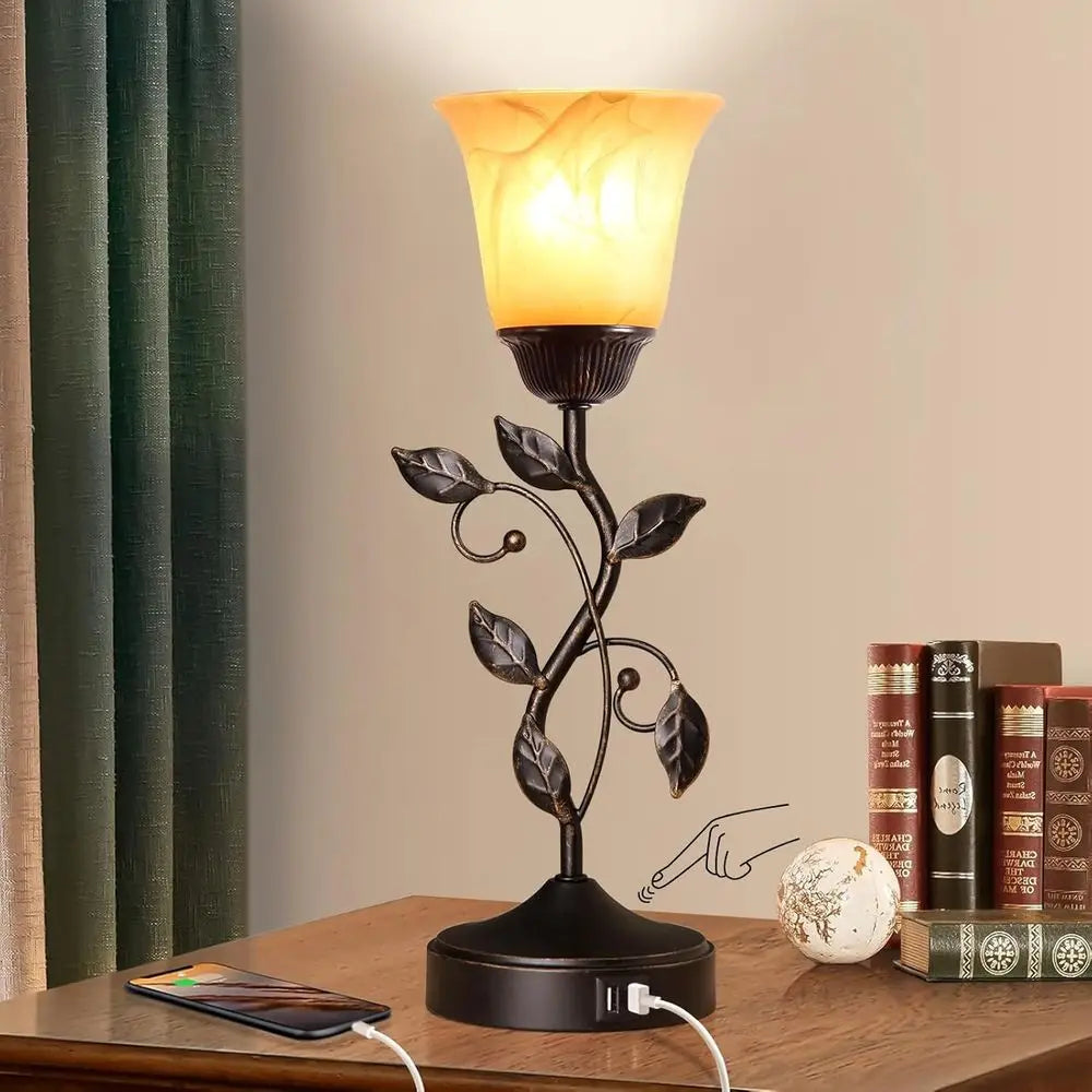 3-Way Dimmable LED Table Lamp with 2 USB Ports, Amber Glass Shade, Suitable for Living Room, Bedroom, and More (Bronze)