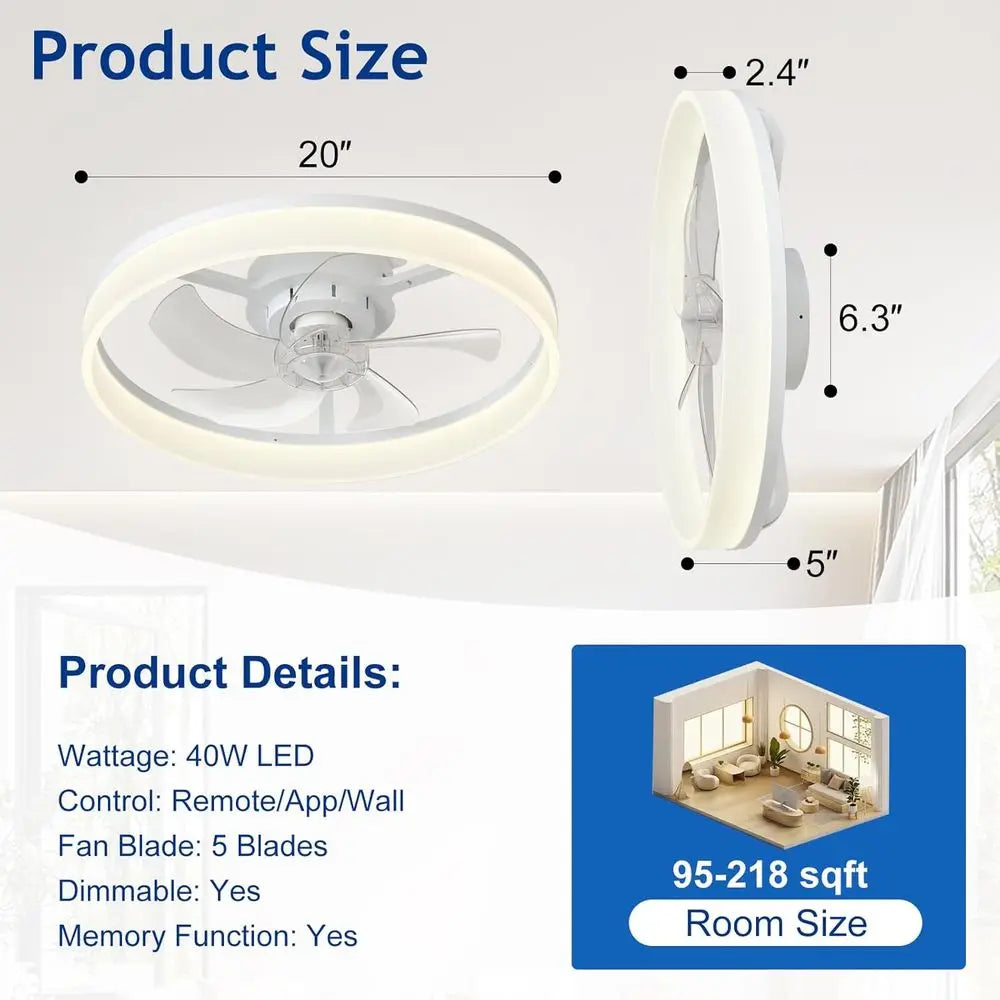 20 Lush Mount Low Profile Ceiling Fan with APP Remote Control - White LED Dimmable Quiet DC Motor for Bedroom Living Room