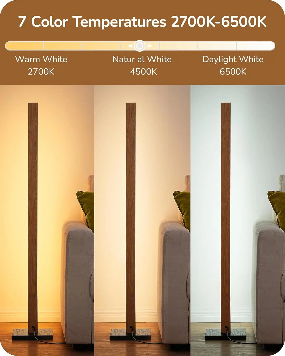 Modern Dimmable Floor Lamp with Remote, Wood LED Corner Light for Living Room, Bedroom, Office, 7 Color Temperatures