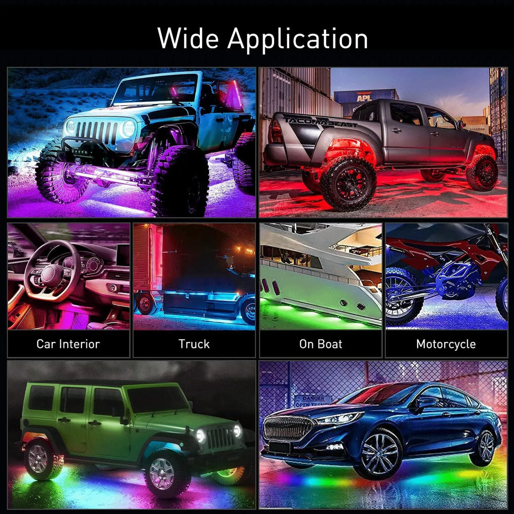 6Pcs Car Underglow Neon Strip Lights 300 LEDs RGB-IC DIY Sound Active Music Mode APP Remote Control