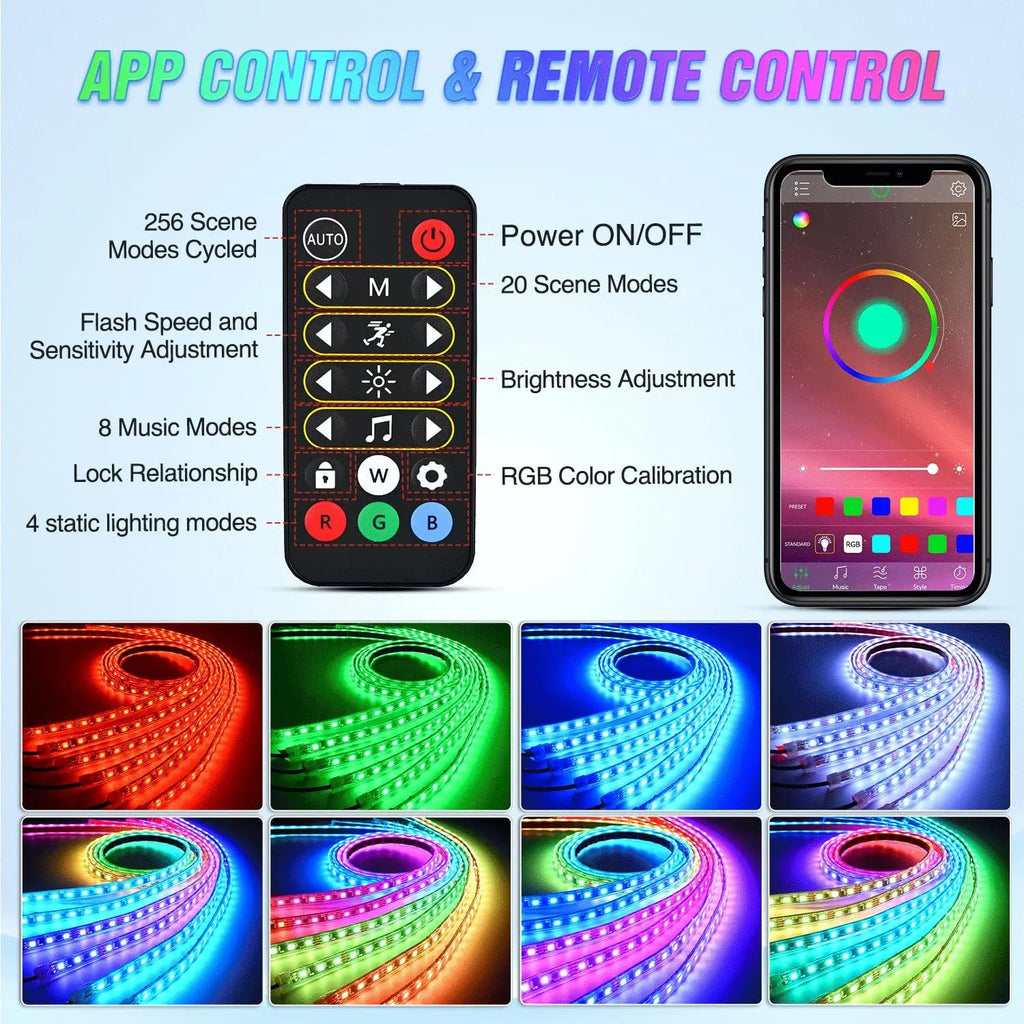 6Pcs Car Underglow Neon Strip Lights 300 LEDs RGB-IC DIY Sound Active Music Mode APP Remote Control