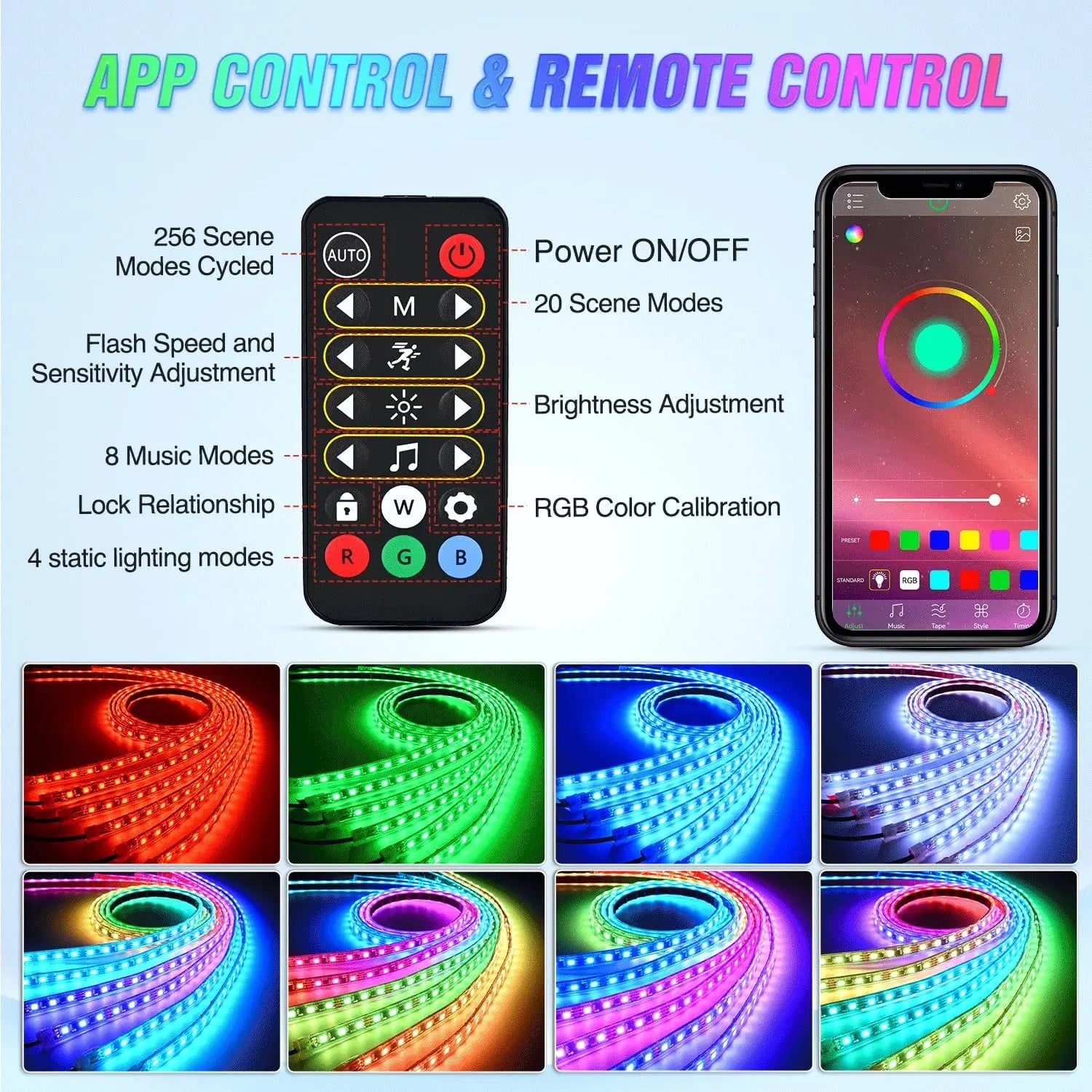 6Pcs Car Underglow Neon Strip Lights 300 LEDs RGB-IC DIY Sound Active Music Mode APP Remote Control