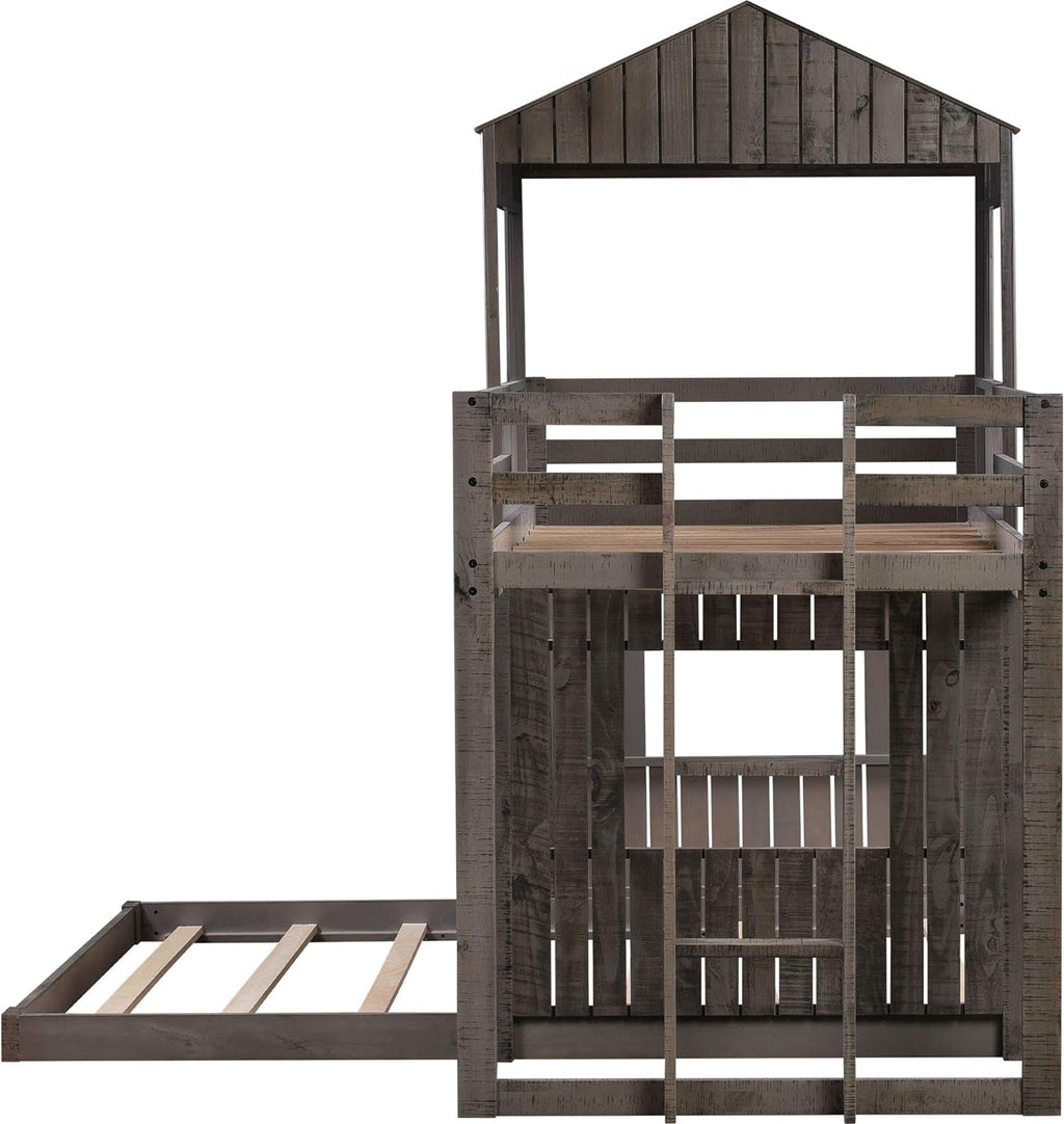 House Bunk Beds Twin Over Full Wood Distressed Grey