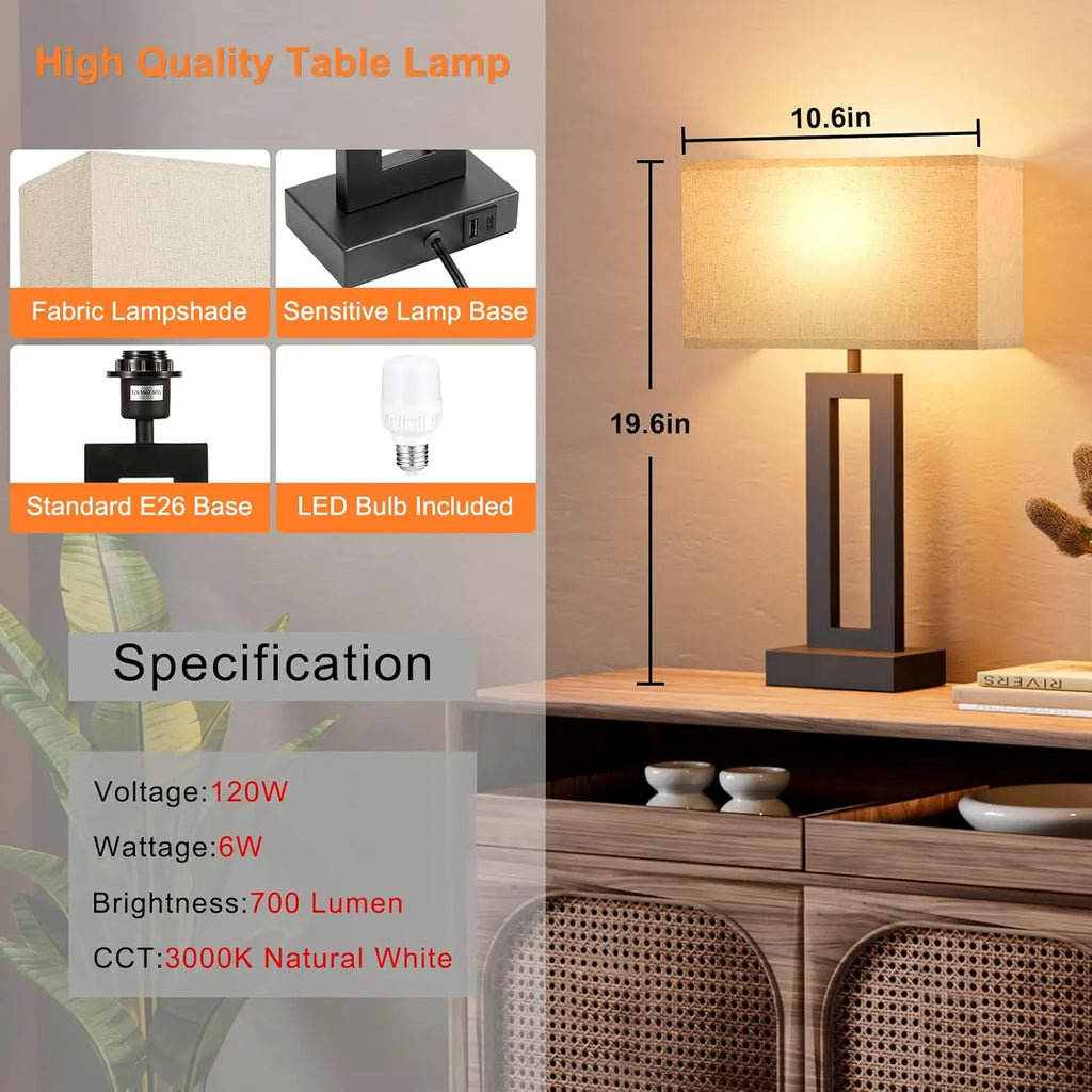 Touch Control Dimmable Bedside Lamps with USB C+A Charging, LED Bulbs Included, Easy Assembly