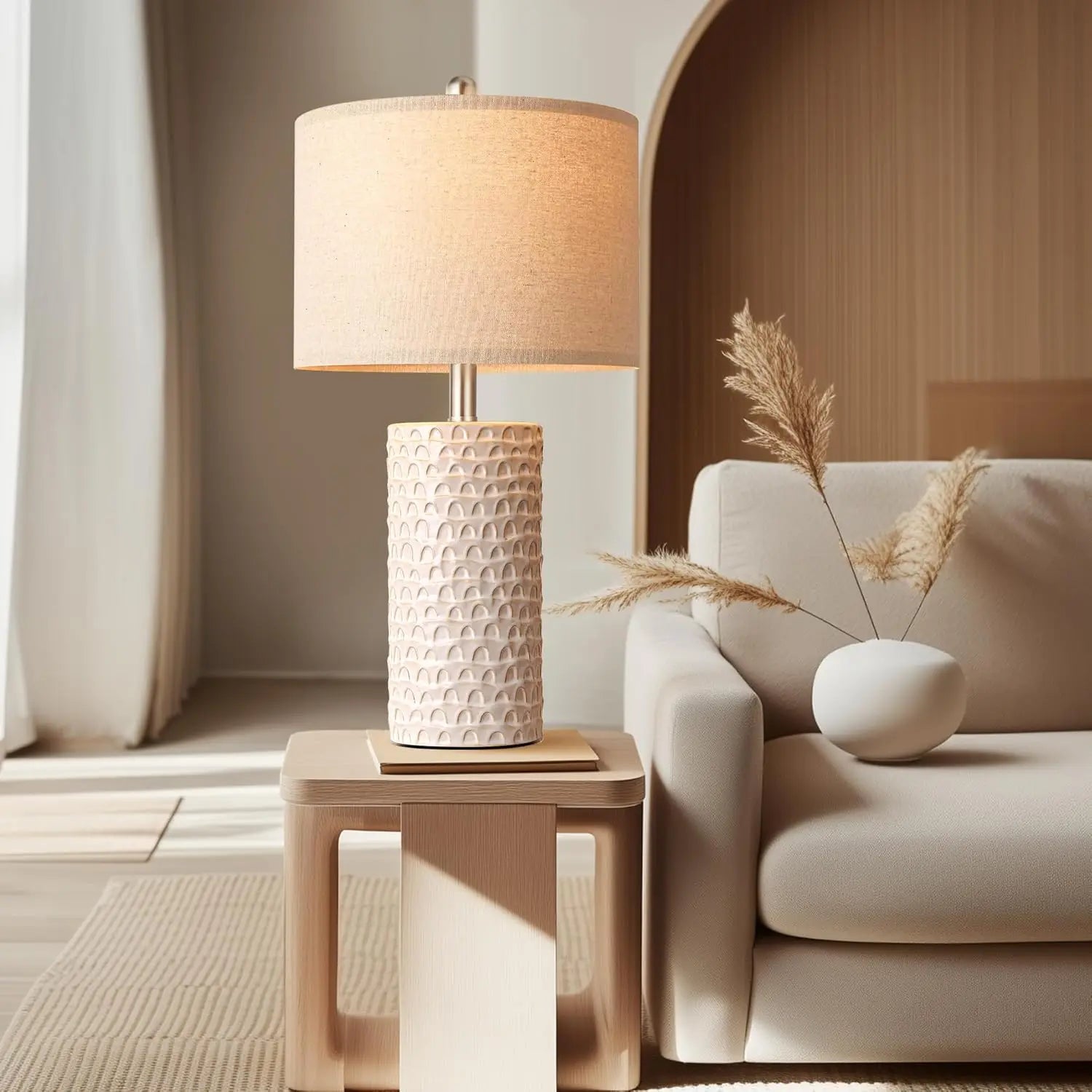 Modern Ceramic Table Lamp Set of 2, Rustic Farmhouse Nightstand Lamps for Living Room Bedroom Home Decor in White Beige