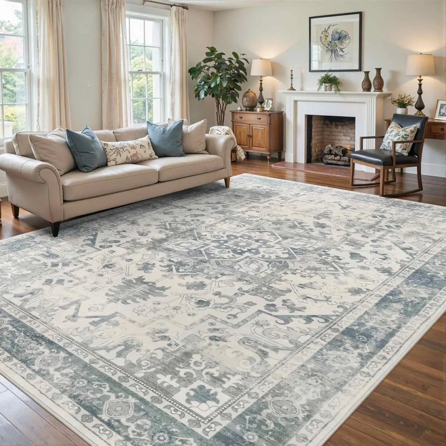 8x10 Washable Vintage Boho Rug, Non-Slip Low Pile for Living Room, Office, Kids Room in Light Blue Grey