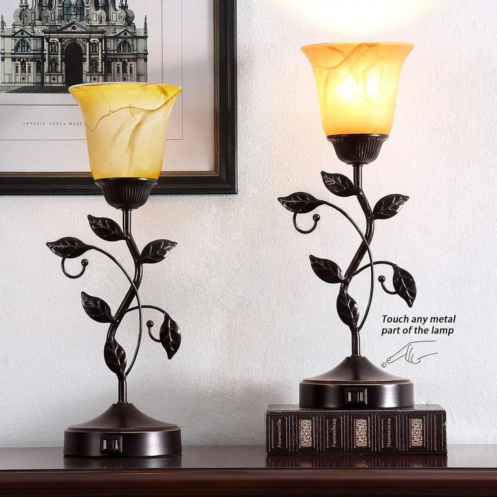 3-Way Dimmable LED Table Lamp with 2 USB Ports, Amber Glass Shade, Suitable for Living Room, Bedroom, and More (Bronze)