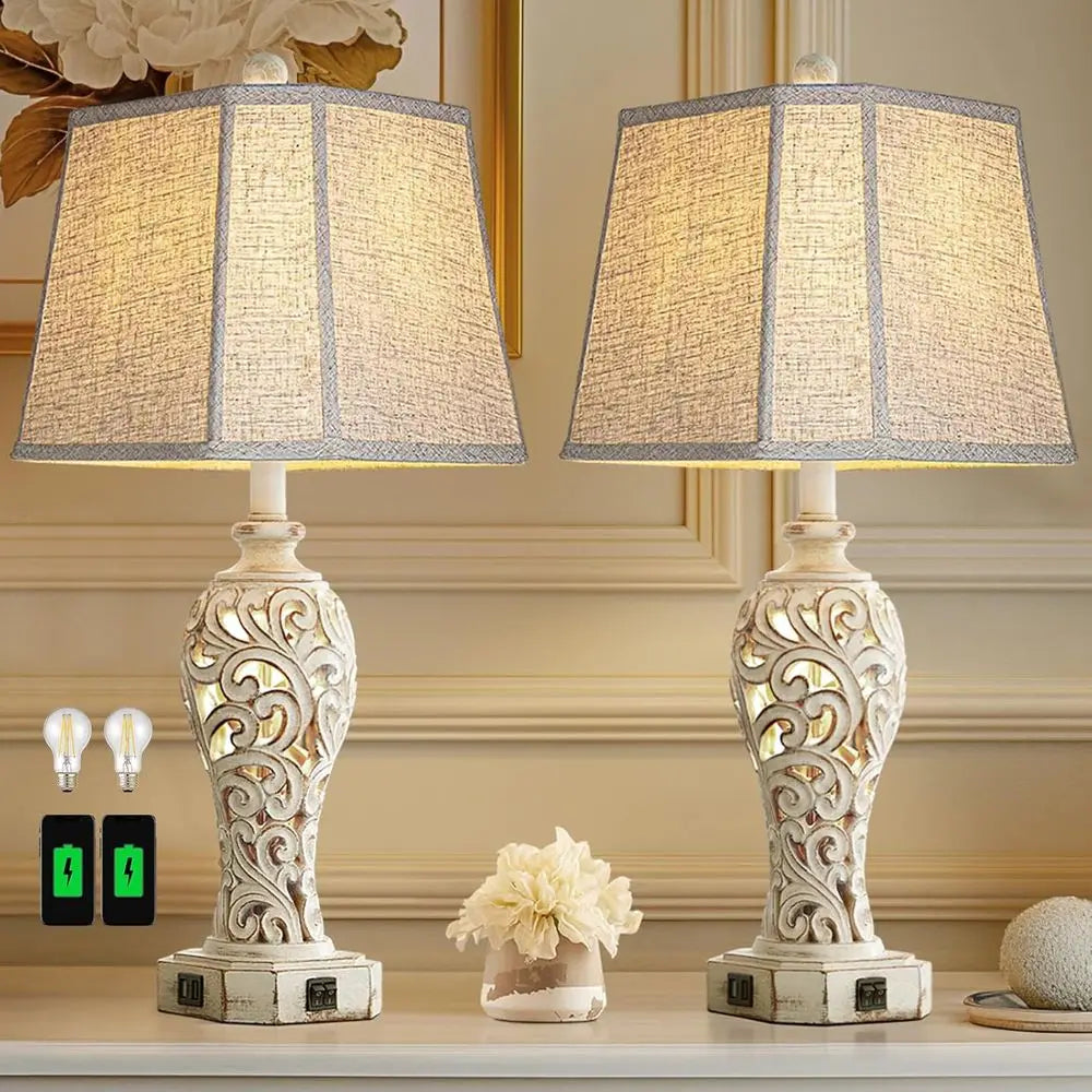 Pair of Rustic Table Lamps with USB Ports, Vintage Nightstand Light for Living Room or Bedroom, Hollow Resin Design, Includes Bu