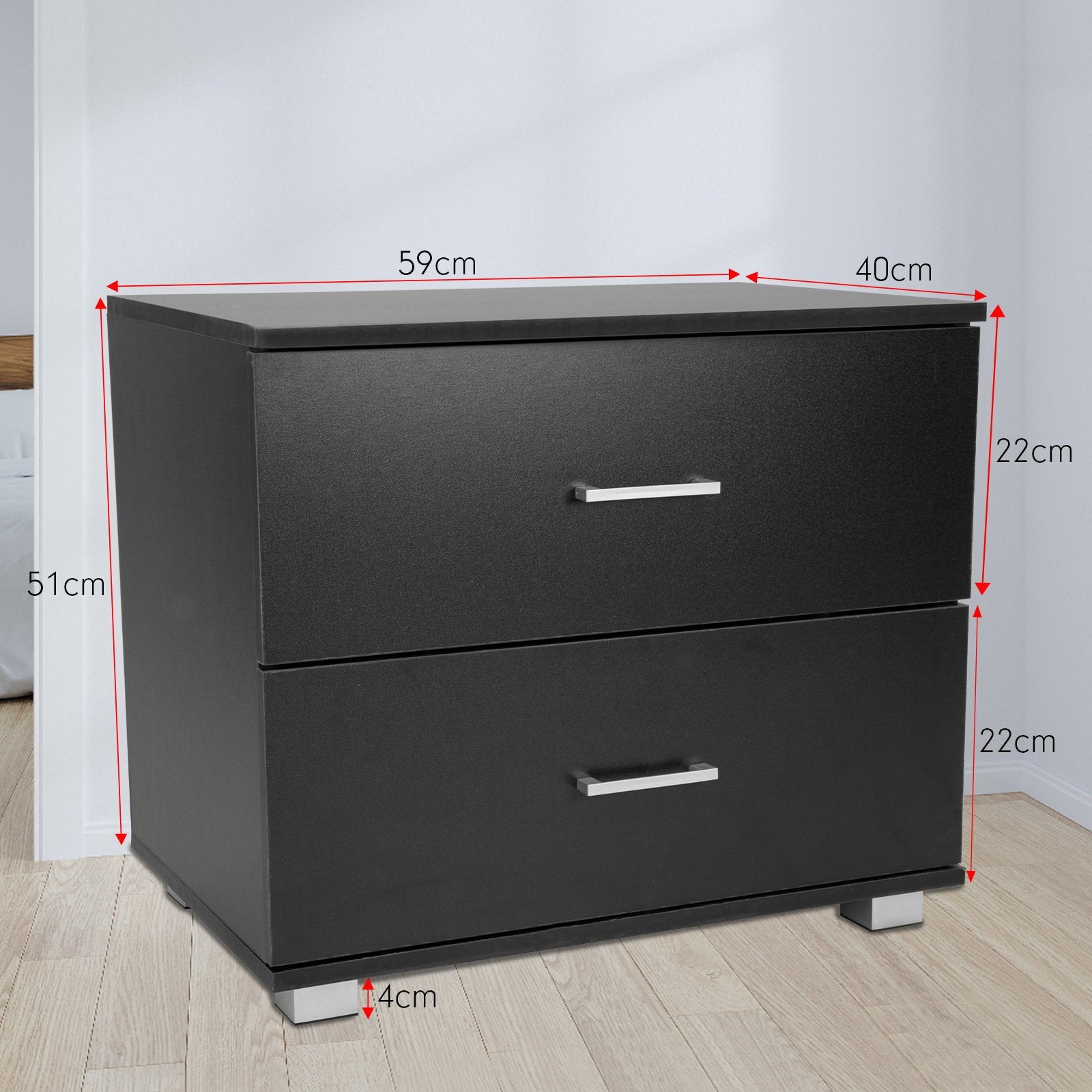 NNEDSZ Sarantino Bedside Table Cabinet Storage Chest 2 Drawers Lamp Side Nightstand - Black