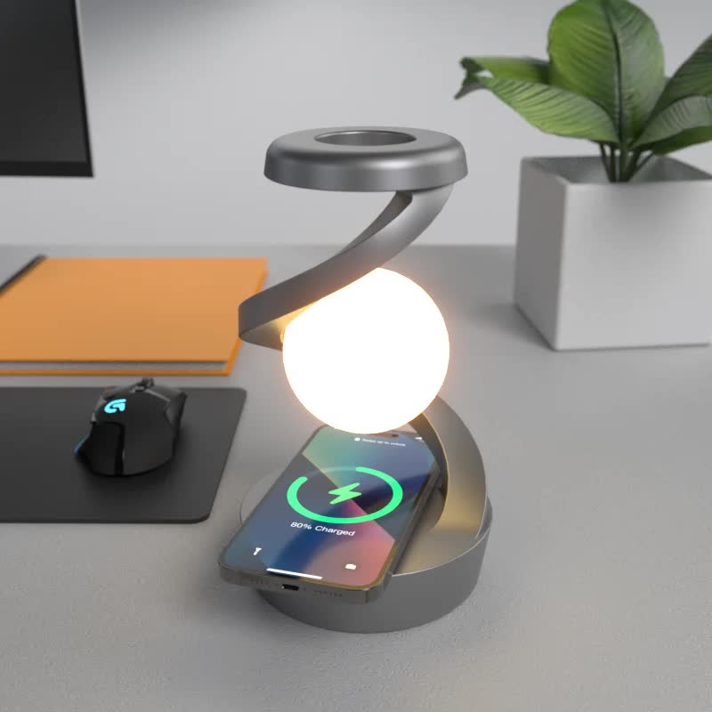 NNEDSZ Black 360° Rotating Floating Night Light – Wireless Charging Table Lamp | 7-Color RGB Atmosphere Light | USB Rechargeable for Bedroom, Bedside, Desk, Camping, and Party Décor