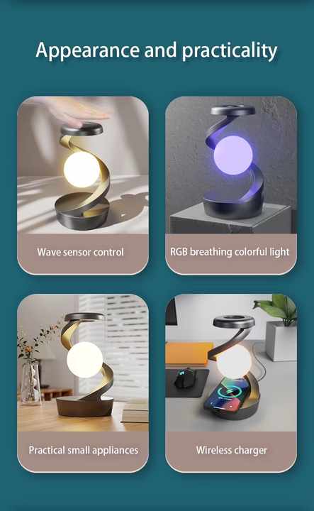 NNEDSZ Black 360° Rotating Floating Night Light – Wireless Charging Table Lamp | 7-Color RGB Atmosphere Light | USB Rechargeable for Bedroom, Bedside, Desk, Camping, and Party Décor