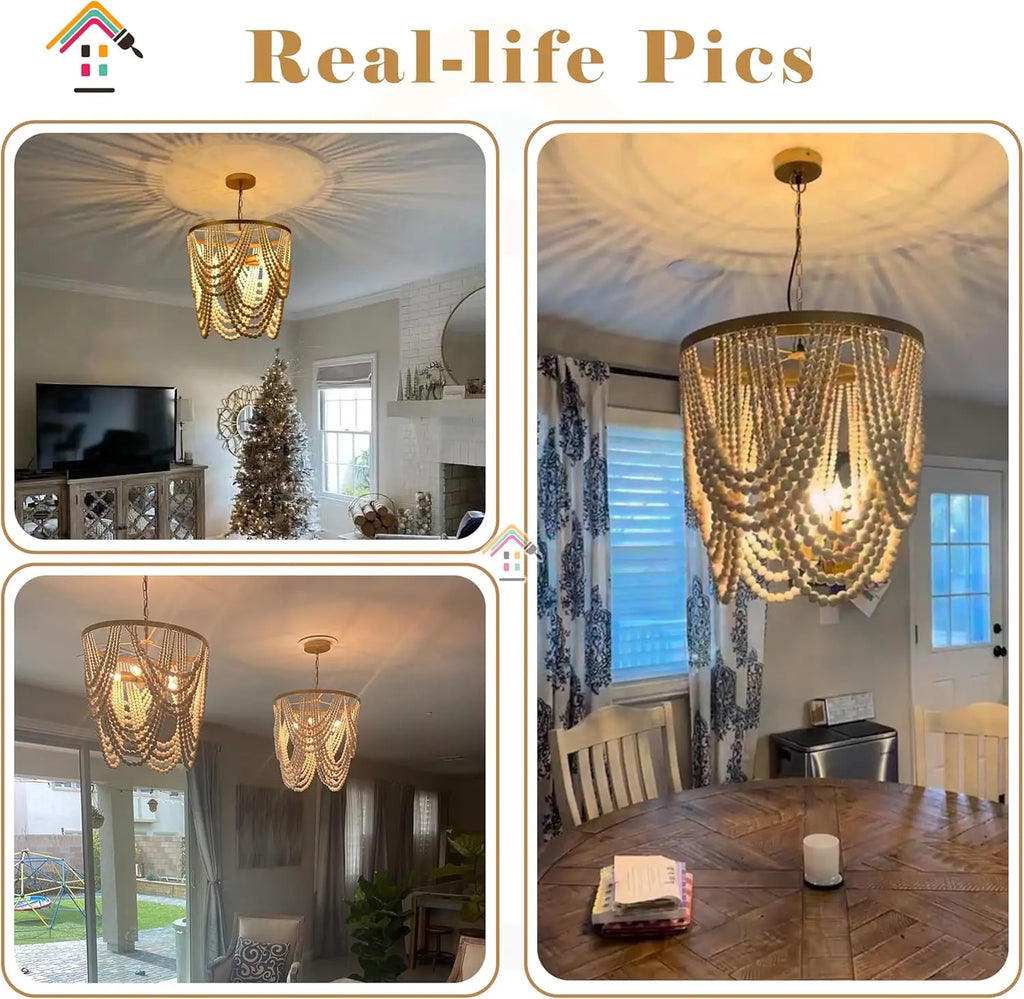 Boho Wood Beaded Chandelier with 5 Lights in Gold and Oak Finish for Dining, Living, Bedroom