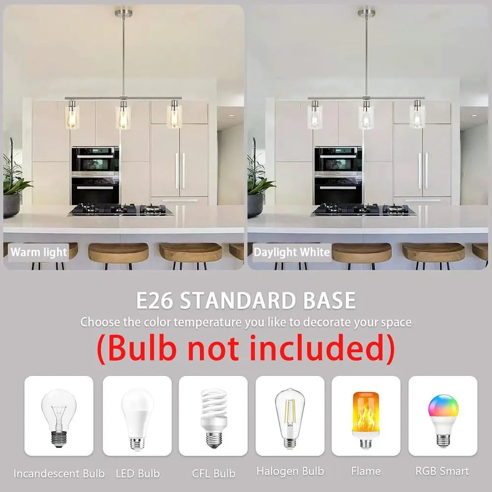 3 Lights Kitchen Island Lighting Brushed Nickel Pendant Light ixtures with Glass Shade 31" Dining Room Chliers Adjustable Height